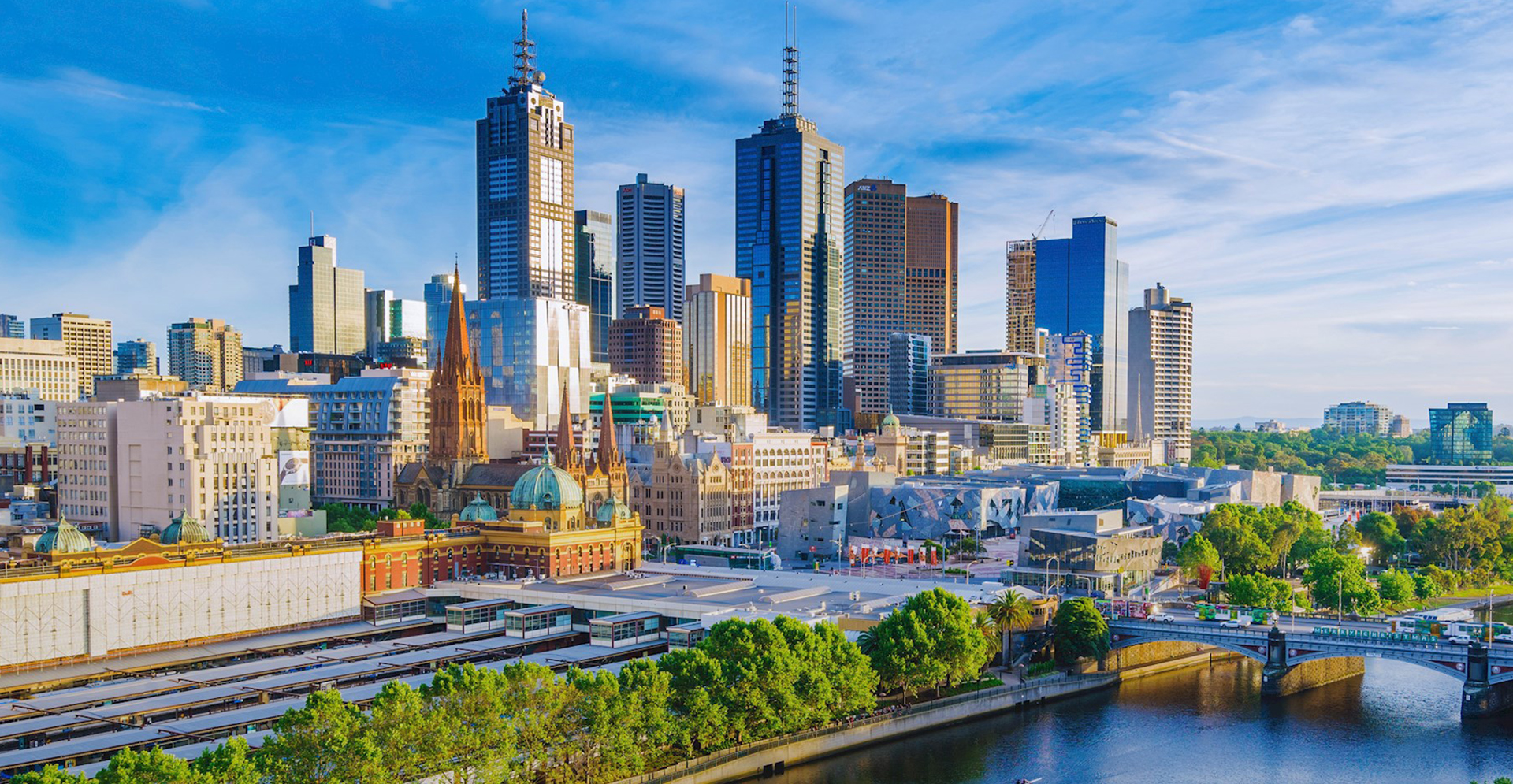 Aerial view of Melbourne skyline overlooking Federation Square