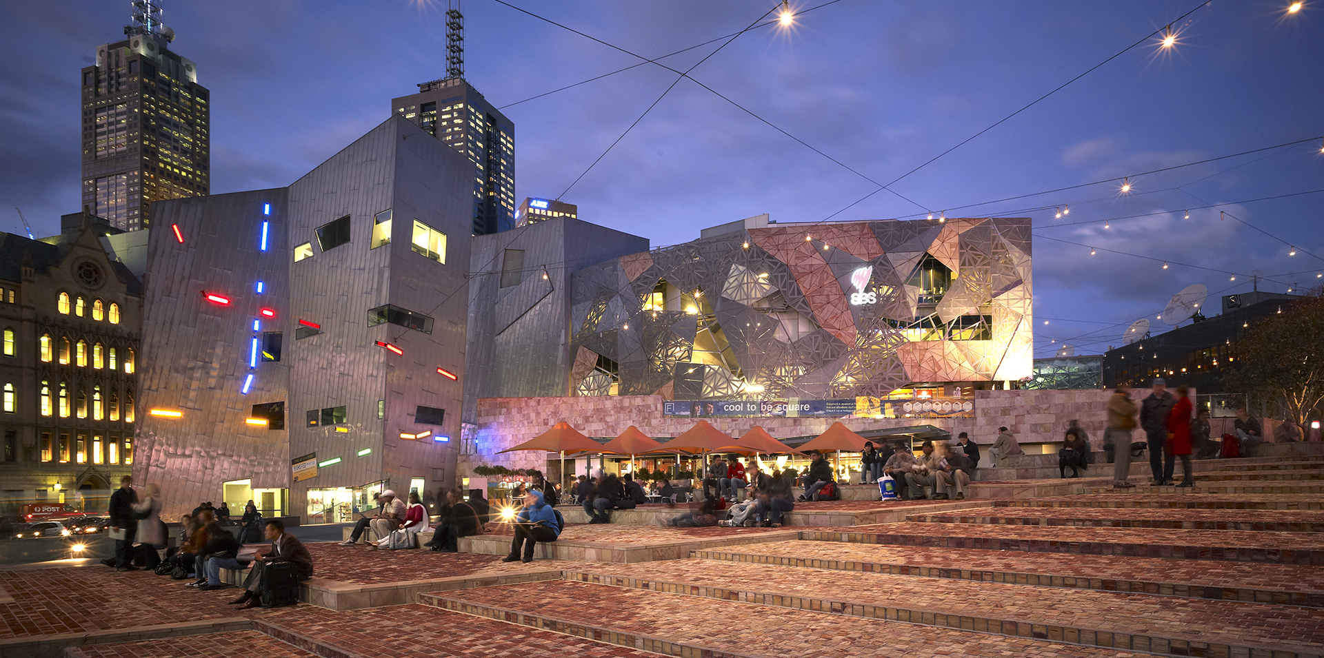 Aerial view of Federation Square in Melbourne Australia
