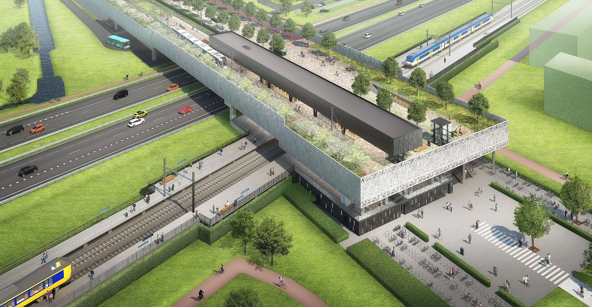 Visualisatie luchtfoto van nieuw verkeersknooppunt station Lansingerland-Zoetermeer.