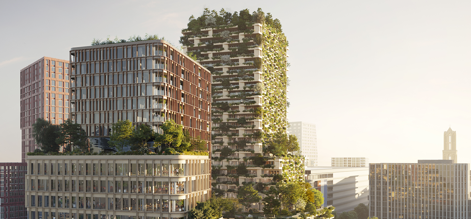 Visualisatie van nieuwe Woontoren in Utrecht met aan de gevels beplanting en zelfs bomen.