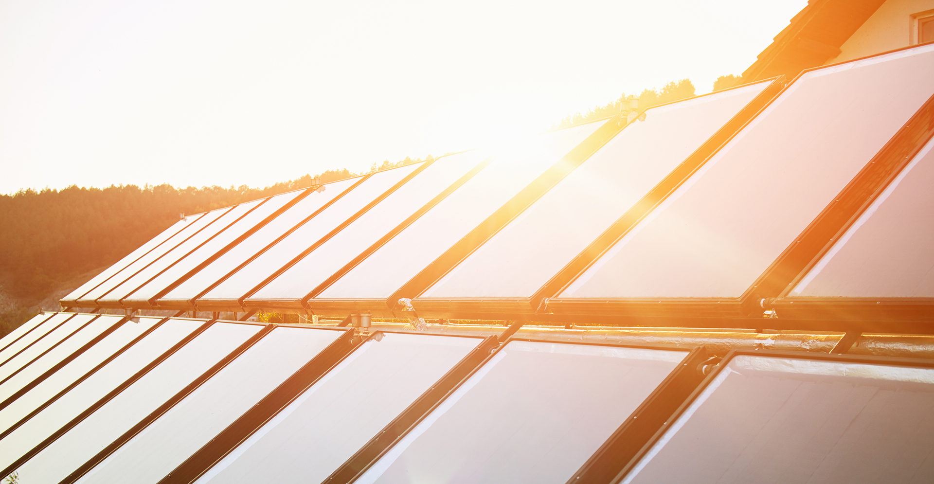 Een zonnepark met zonnepanelen waarop de ondergaande zon nog even schijnt.